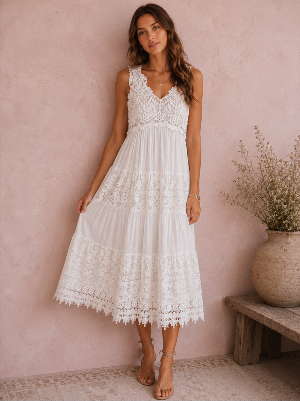 Bella Amore Italy Silk Blend Lace Dress Babydoll White Boho Romantic Tier Bridal